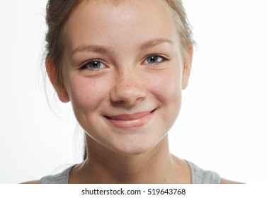 Teenager Girl Woman Female Portrait Freckles Face Isolated On White