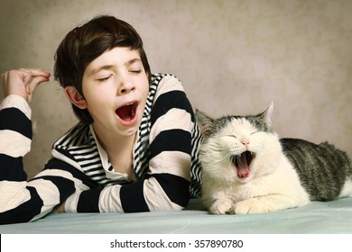 Teenager Handsome Boy In Striped Blouse And Siberian Cat Close Up Portrait Yawn Synchronized Together