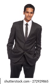 Teenager in impressive smart suit. Ready for job interview. Studio shot on white background.