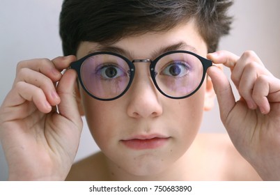 Teenager Kid Boy In Myopia Correction Glasses Close Up Portrait 