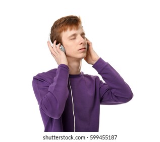 Teenager Listening To Music On White Background