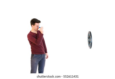 Teenager Man Wearing A Sweater Hits When Play Darts Isolated On White Background