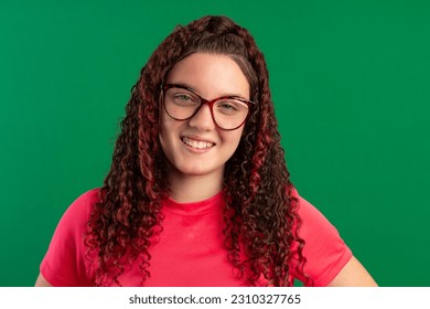 Teenager with red curly hair, wearing jeans, shirt, glasses and with various facial expressions of feelings - Powered by Shutterstock