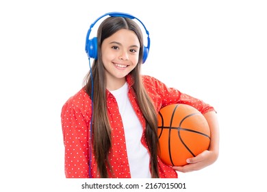 Teenager School Girl With Basketball Ball. Portrait Of Happy Smiling Teenage Child Girl. Concept Of Kids Sport, Active Lifestyle, Health, Team Game, Hobby.