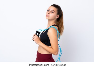 Teenager Sport Girl Over Isolated White Background With Jumping Rope