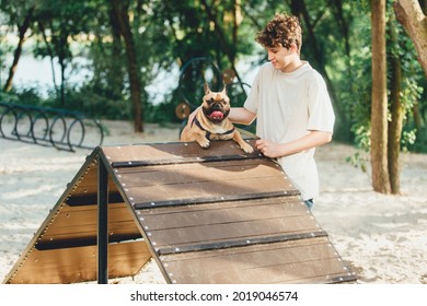 Teenager Teaching His Cute French Bulldog On Special Playground For Dogs. Boy Learning Commands With Red Bulldog In The Park. Practice With A Dog Outside. Still Life, Friendship With A Puppy