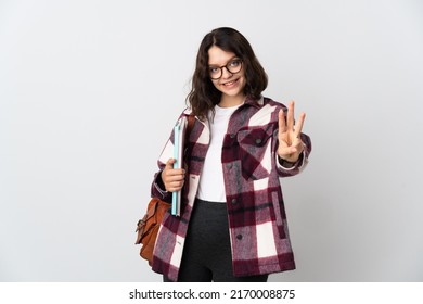 Teenager Ukrainian Student Isolated On White Background Happy And Counting Three With Fingers