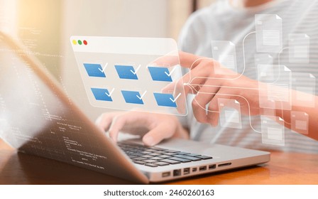 Teenager using laptop to Data analysis document by ai artificial intelligence process to planning information data, tech, e-learning concept.