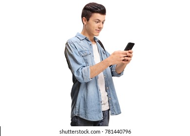 Teenager Using A Phone Isolated On White Background