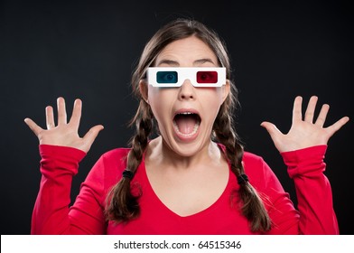 Teenager Watching A 3D Movie With Retro 3D Glasses