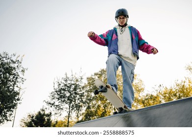 Teenager wearing helmet practicing skateboarding in urban skatepark during sunny day, balancing on skateboard at the top of ramp - Powered by Shutterstock