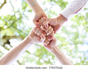 Teenagers All Putting Their Hands In Fists In A Circle Against A Green Trees