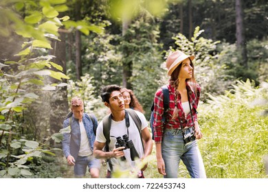 Teenagers With Backpacks Hiking In Forest. Summer Vacation.