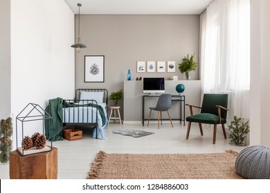 Teenager's Bedroom With Working Space Full Of Graphics With Forest Inspirations