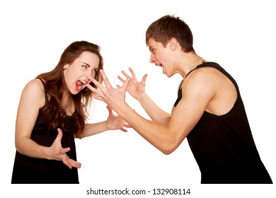 Teenagers boy and girl quarreling, gesticulating and shouting at each other. Isolated on white background