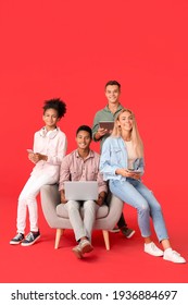 Teenagers With Different Devices On Color Background