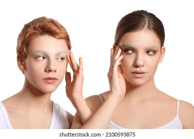 Teenagers With Dyed Eyebrows On White Background