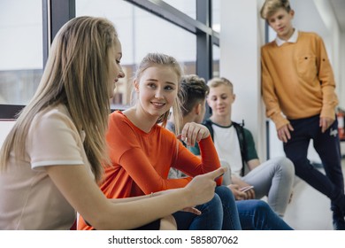 Teenagers Are Hanging Out At School During Their Lunch Break. Two Girls Are Talking And Looking At A Smart Phone Together And Some Boys Are In The Back Ground Doing The Same. 