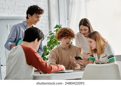 Teenagers huddled together, engrossed in a discussion during a UN Model conference. - Powered by Shutterstock