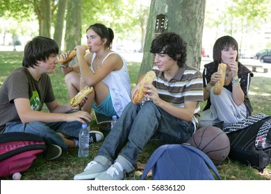 Teenagers Sitting In The Grass Eating Sandwiches