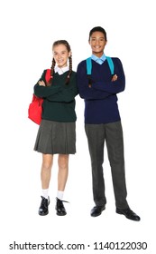 Teenagers In Stylish School Uniform On White Background