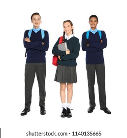 Teenagers In Stylish School Uniform On White Background