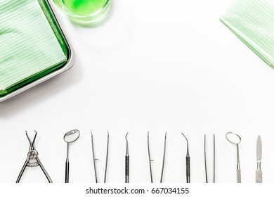 Teeth Care With Dentist Instruments In Doctor's Office White Background Top View Mock-up