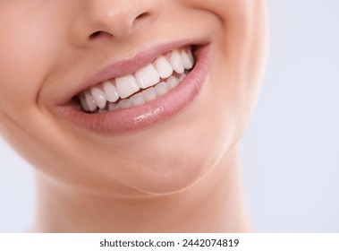 Teeth, mouth and woman with smile for dental, health and orthodontics with skin on white background. Oral hygiene, closeup for wellness and happy with veneers, dentist treatment and shine in studio - Powered by Shutterstock