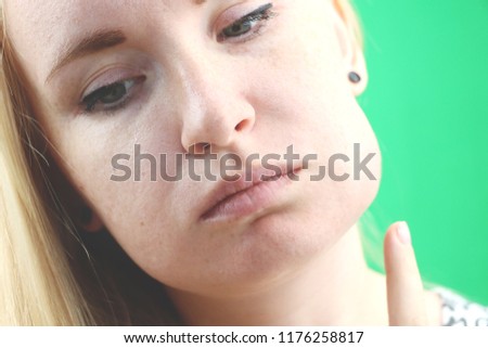 Teeth Problem. Gumboil, flux and swelling of the cheek. Closeup Of Beautiful Sad Girl Suffering From Strong Tooth Pain. Attractive Female Feeling Painful Toothache, Dental Health And Care Concept