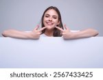 Teeth smile. Aesthetic dentistry smile design treatment. People portrait for dental dentistry. Dental care. Female mouth and teeth. Dentist oral hygiene. Teeth whitening. Happy woman point on teeth.