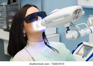 Teeth Whitening For Woman. Bleaching Of The Teeth At Dentist Clinic. 