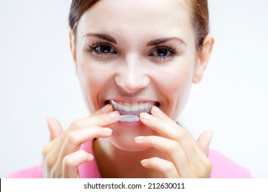 Teeth Whitening, Woman With Tooth Tray On Teeth