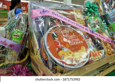 Tegal City, Indonesia - December 19, 2011- Christmas Food Hamper. Wicker Hamper Loaded With Christmas Treats