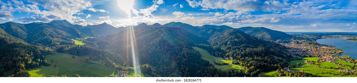 Tegernsee lake in the Bavarian Alps. Aerial Panorama Mountain View. Autumn. Germany