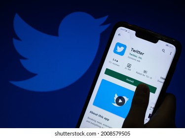 Tehatta, India – July 7, 2021: In This Photo Illustration Shows Twitter Inc. No More Enjoys Liability Protection Against User-generated Content In India. A Girl With Tweeter Logo Phone. 