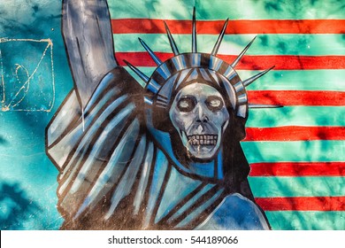 TEHERAN, IRAN - NOVEMBER 26, 2016: Propaganda Mural At Former US Embassy  Called 