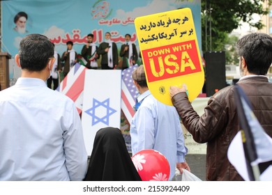 Tehran, Enghelab Iran - Apr 29 2022: Iranian people protesting against Israel at Quds day