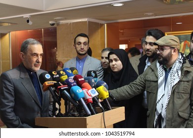 Tehran / Iran - February 10 2018: Ali Akbar Velayati, Senior Advisor To Iranian Supreme Leader Ali Khamenei Answers Press Questions