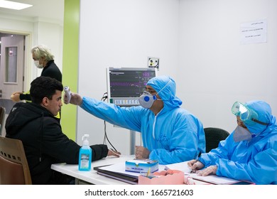 Tehran, Iran, March 3 2020: A Man Is Coronavirus Testing.