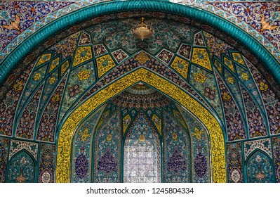 Tehran, Iran - May 8, 2017: Traditional ornaments and patterns on a blue background in Iranian mosques. Islamic art