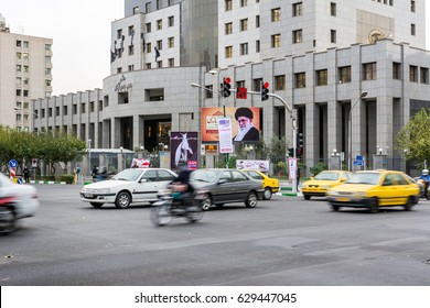 Tehran, Iran, November 3th, 2016, Street View In The Downtown Of Tehran With Poster Of Supreme Leader Of Iran