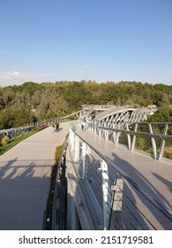 Tehran, Iran - October 8, 2019 : The Tabi'at Bridge is the largest pedestrian overpass in Tehran, Iran. The 270metre bridge connects two public parks Taleghani Park and Abo-Atash Park