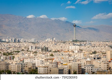 Tehran Iran Skyline City View With Flag, Road, Cars, Houses, Mosque, Tower And Parks. Tehran Is The Capital City Of Iran And The Biggest City In The Middle East