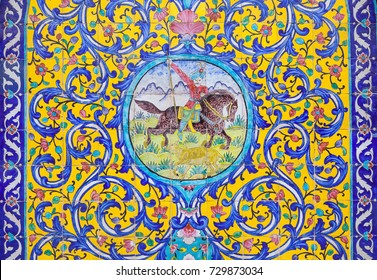 Tehran,Iran-Feb 11,2017;Exterior colorful decoration painting mosaic on the wall at Golestan palace;a UNESCO world heritage site,the oldest group of buildings in tehran