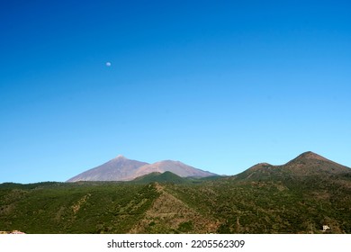 Teide With Full Moon And Neighbouring Green Hills