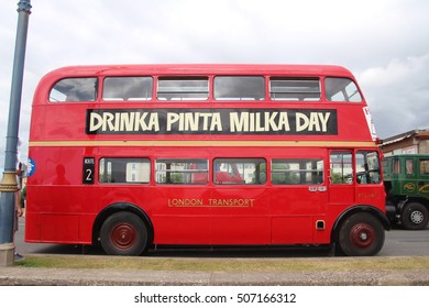 TEIGNMOUTH, ENGLAND - JULY 23, 2016: Vintage Red London Bus Front View, Passenger Transport At Vintage Vehicle Show. 