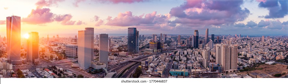 Tel Aviv Cityscape Aerial View At Sunset, Israel