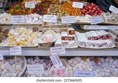 Tel Aviv Israel 12.06.2022 Oriental sweets at the Carmel market in Tel Aviv