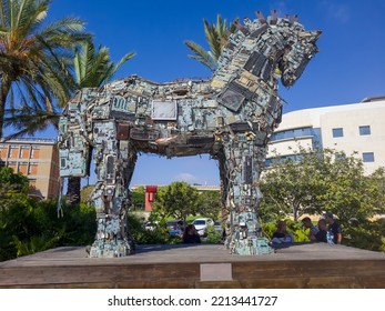 Tel Aviv, Israel - 2 10 2022: Cyber Horse, Six-meter Tall “Trojan Horse” Made Of Different Parts Of Television, Smartphones, IPads And Computer Screens That Were Infected By Viruses And Malware.