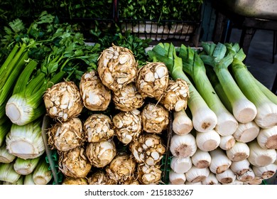 Tel Aviv, Israel - April 18, 2022 Fresh vegetables, fruits, olives, spices, supplies, food and drinks sold at the vibrant Carmel Market, or Shuk HaCarmel, the most famous of all markets in Tel Aviv